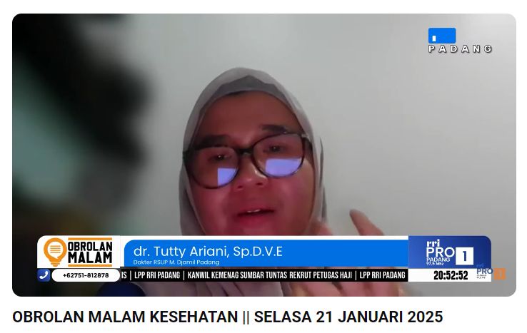 coronatalk.org, Padang: Hari Kusta sedunia diperingati pada hari minggu terakhir setiap bulan Januari. Demikian disampaikan dokter RSUP DR. M. Djamil Padang, dr. Tutty Ariani, Sp.D.V.E saat menjadi narasumber Obrolan Malam Kesehatan Pro 1 RRI Padang, Selasa (21/1/2025).