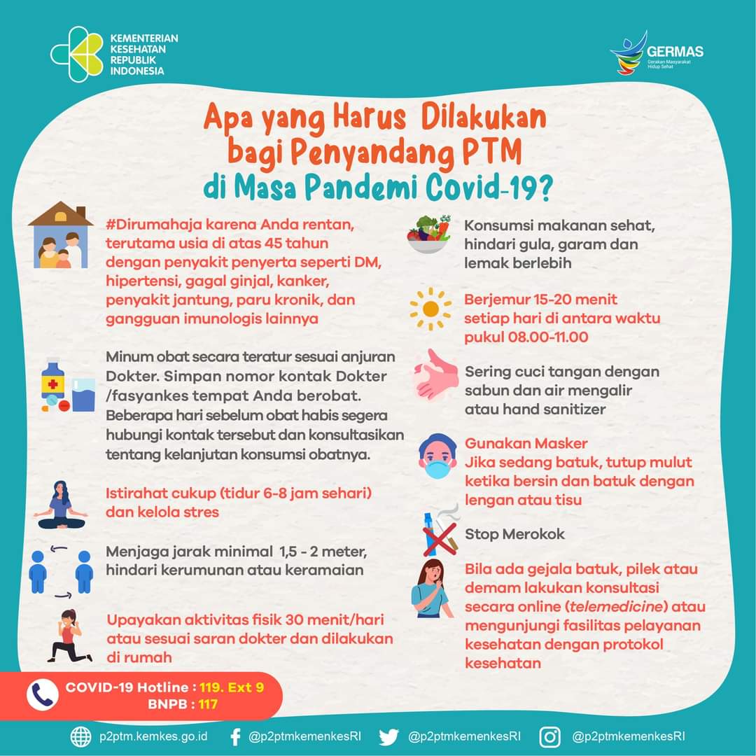 Bagi penyandang Penyakit Tidak Menular (PTM) selama masa pandemi COVID-19, ada beberapa langkah penting yang harus dilakukan untuk menjaga kesehatan dan mencegah penularan serta komplikasi. Berikut adalah hal-hal yang perlu diperhatikan: